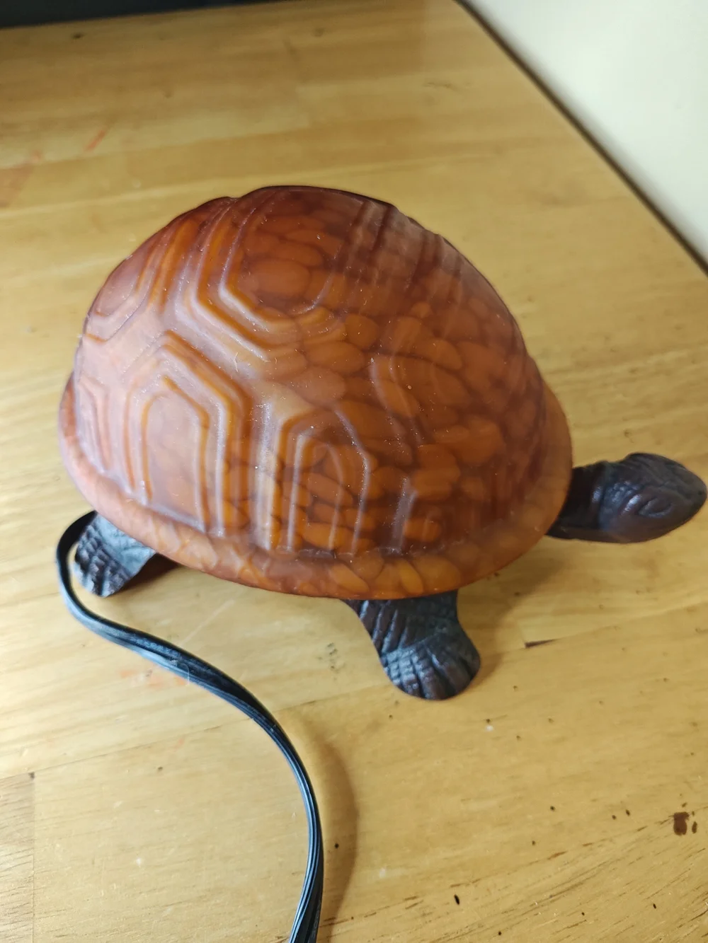 Vintage Amber Glass Turtle Lamp Cast Iron Base Tiffany Style Accent Nightlight